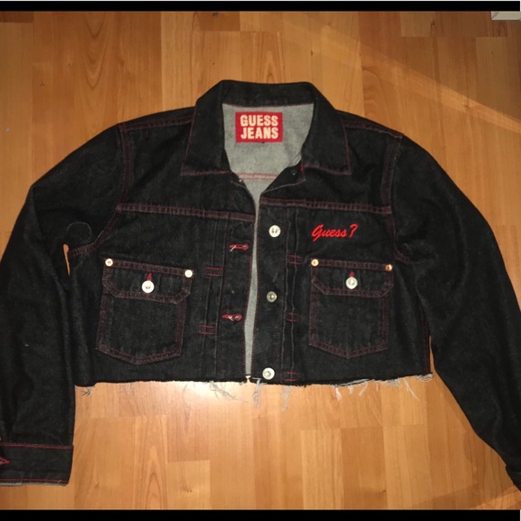 black denim jacket with red stitching